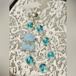 Blue and Clear Beaded bear phone keychain/charm